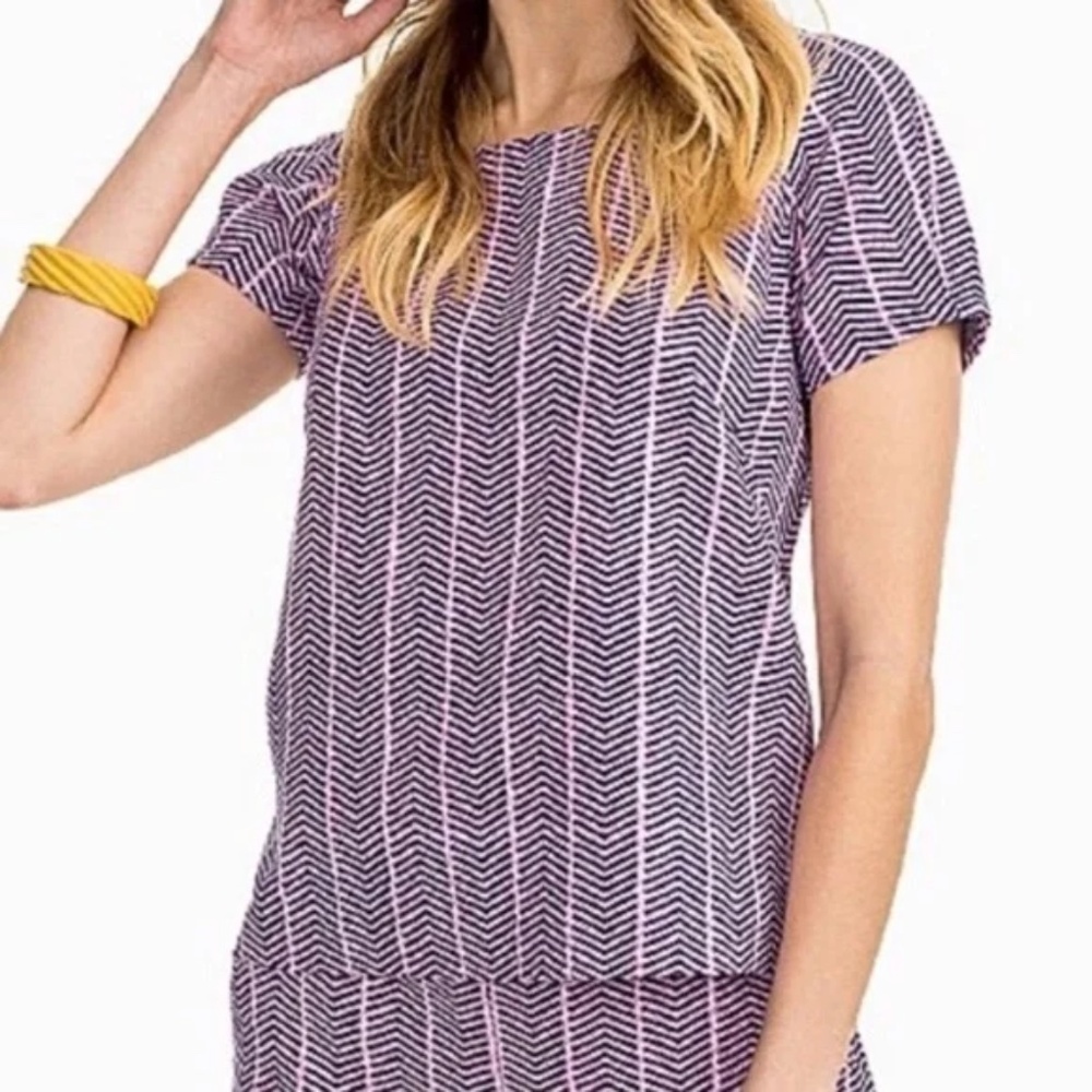 Southern Tide Pink Navy Crop Top Blouse Shirt Cotton Cap Sleeve Back Zip, Size L - Picture 5 of 12